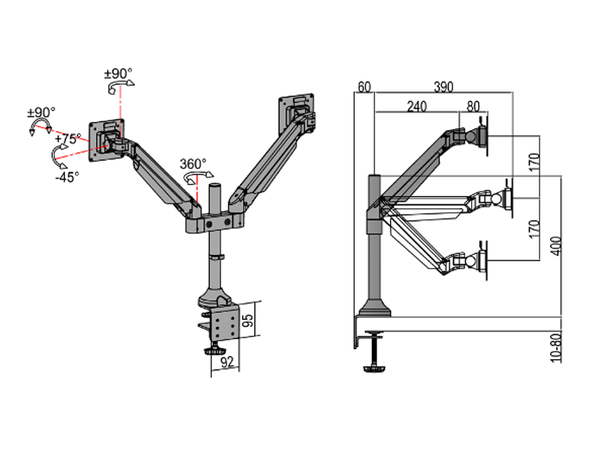Multibrackets M VESA Gas Lift Arm Dual For 2 LCD-skjermer 15" - 32" 