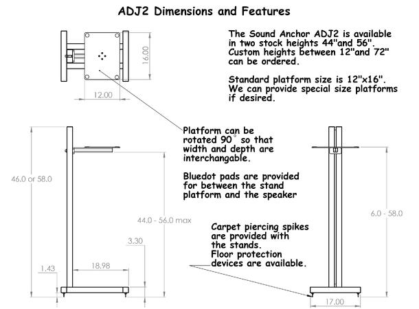 Sound Anchors ADJ2 Høyttalerstativ (Stk) Justerbar høyde 44"/tilt Platform12"x16" 