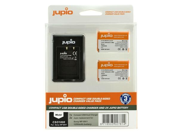 JUPIO 2x NP-BX1 med en dobbel lader JUPIO Tilsvarer Sony NP-BX1 