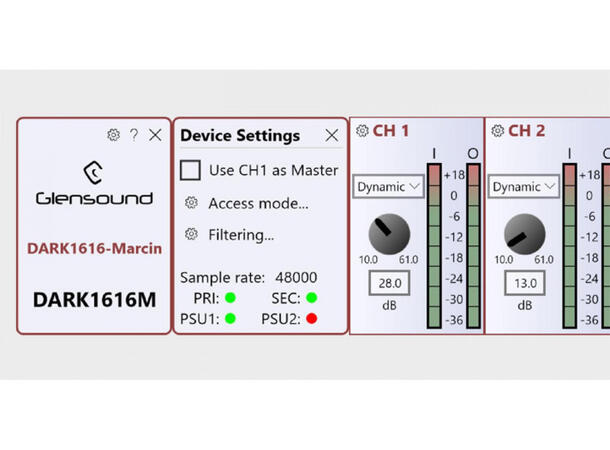 Glensound DARK1616M DANTE ADDA m/Mic Amp 16 kanals mikrofonforsterker, remote 19" 